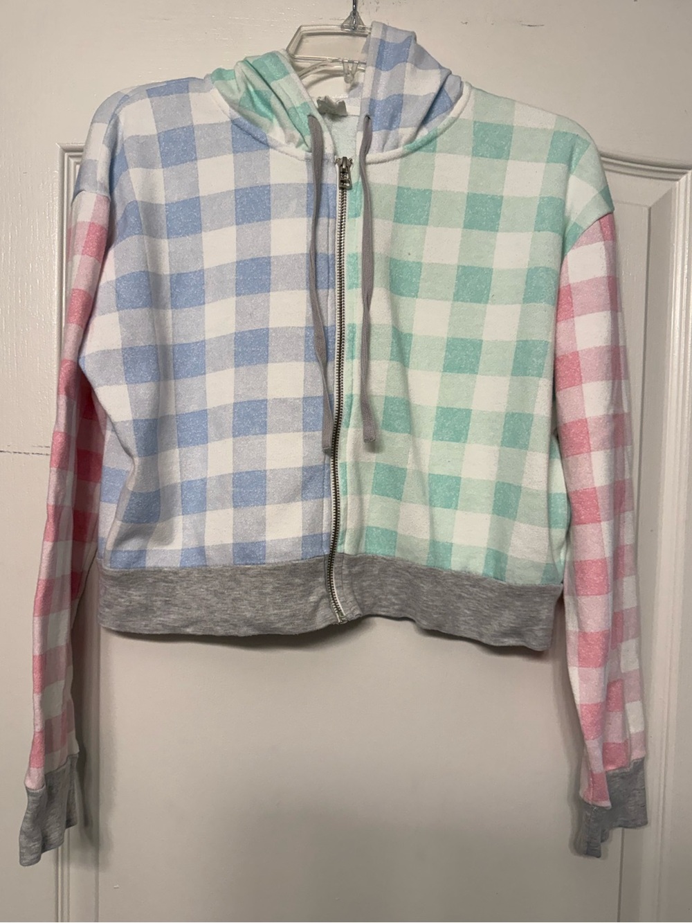 Sundown by Splendid Pastel Gingham Full Zip Hoodie Medium Cropped